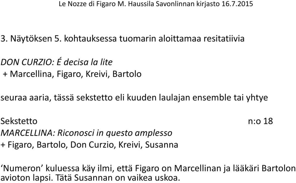 Bartolo seuraa aaria, tässä sekstetto eli kuuden laulajan ensemble tai yhtye Sekstetto n:o 18 MARCELLINA: