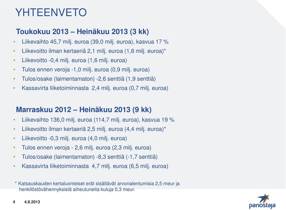 euroa) Marraskuu 2012 Heinäkuu 2013 (9 kk) Liikevaihto 136,0 milj. euroa (114,7 milj. euroa), kasvua 19 % Liikevoitto ilman kertaeriä 2,5 milj. euroa (4,4 milj. euroa)* Liikevoitto -0,3 milj.