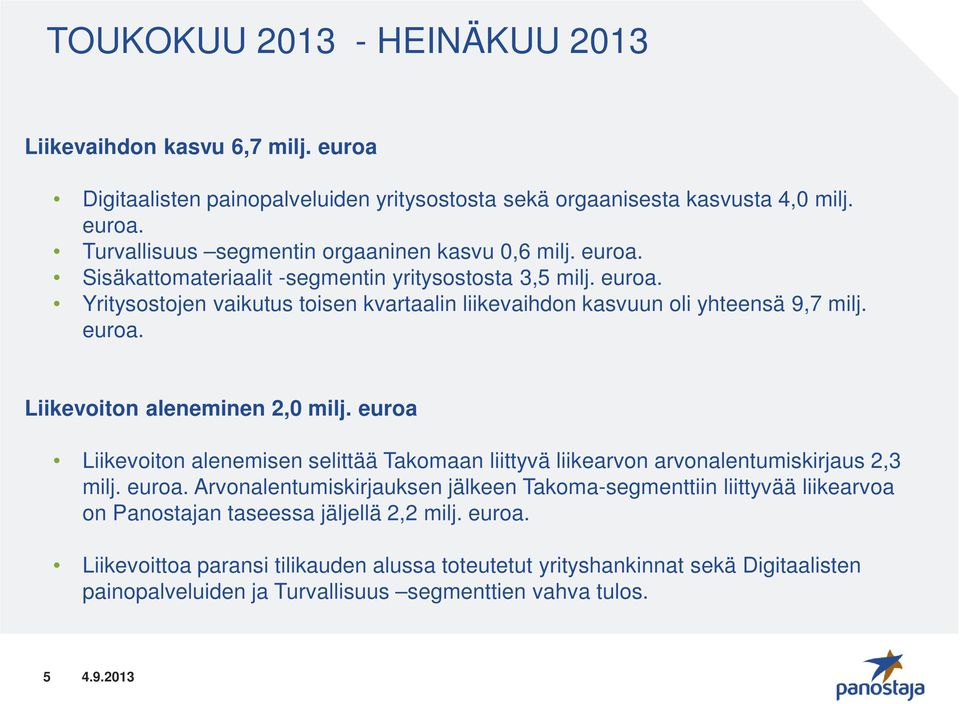 euroa Liikevoiton alenemisen selittää Takomaan liittyvä liikearvon arvonalentumiskirjaus 2,3 milj. euroa.