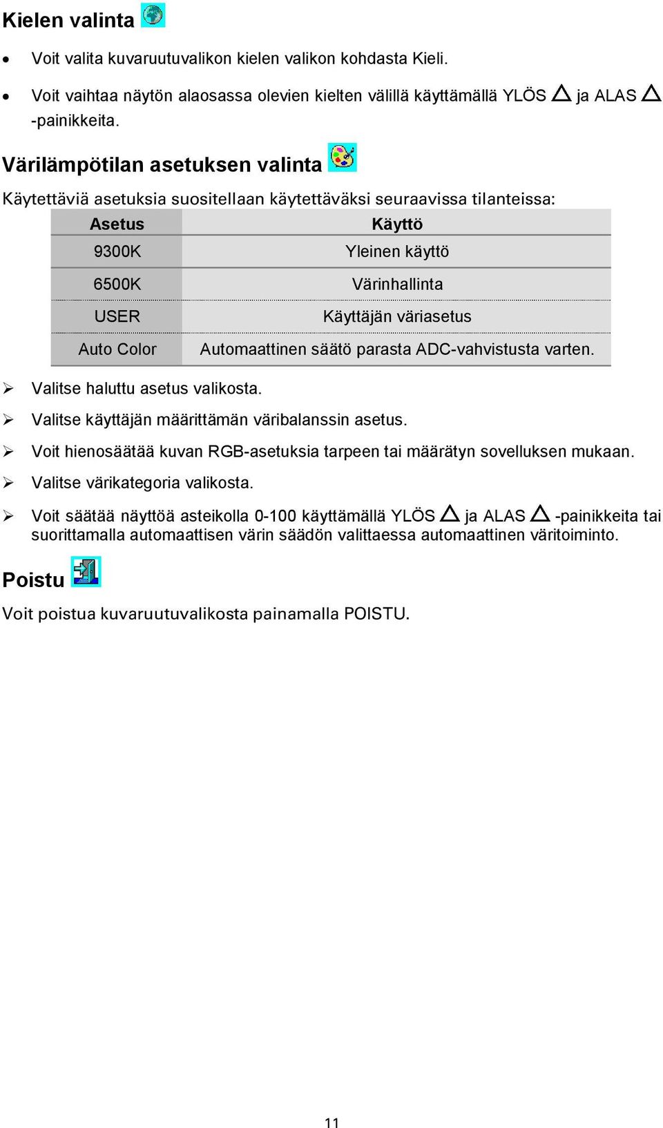 Automaattinen säätö parasta ADC-vahvistusta varten. Valitse haluttu asetus valikosta. Valitse käyttäjän määrittämän väribalanssin asetus.