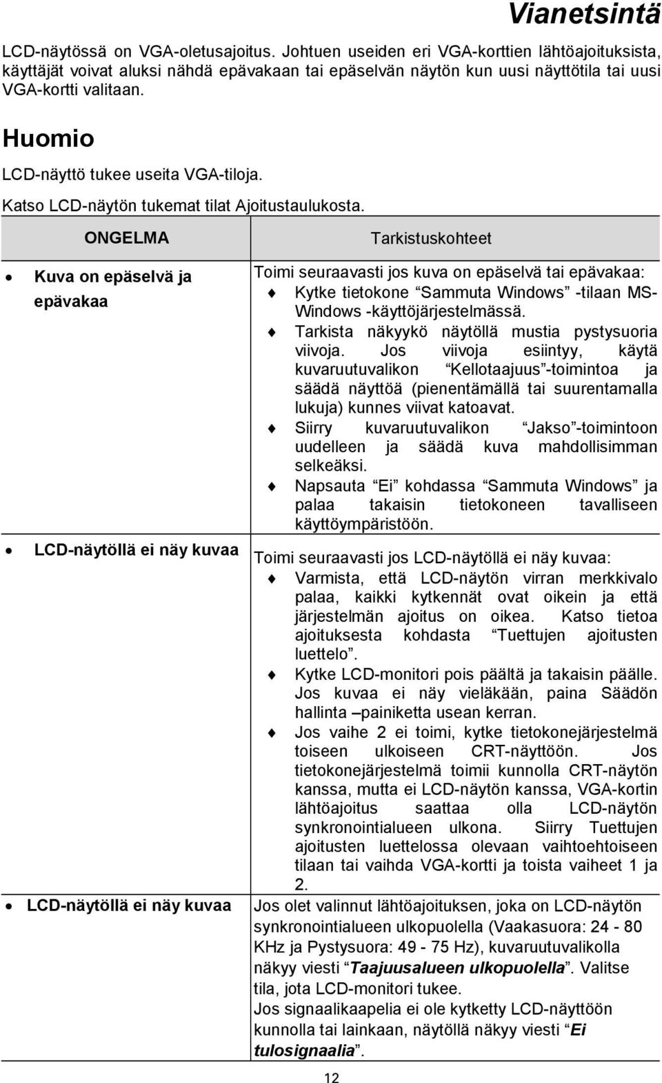 Huomio LCD-näyttö tukee useita VGA-tiloja. Katso LCD-näytön tukemat tilat Ajoitustaulukosta.