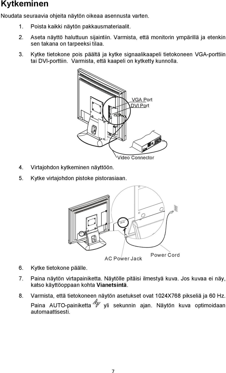 Varmista, että kaapeli on kytketty kunnolla. VGA Port DVI Port Video Connector 4. Virtajohdon kytkeminen näyttöön. 5. Kytke virtajohdon pistoke pistorasiaan. AC Power Jack Power Cord 6.