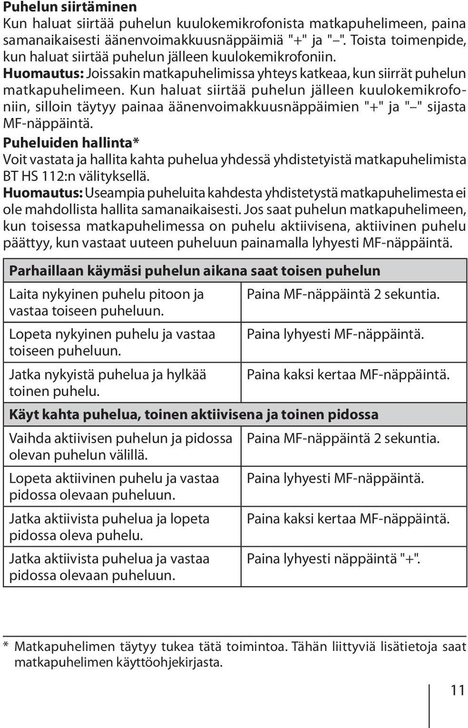 Kun haluat siirtää puhelun jälleen kuulokemikrofoniin, silloin täytyy painaa äänenvoimakkuusnäppäimien "+" ja " " sijasta MF-näppäintä.