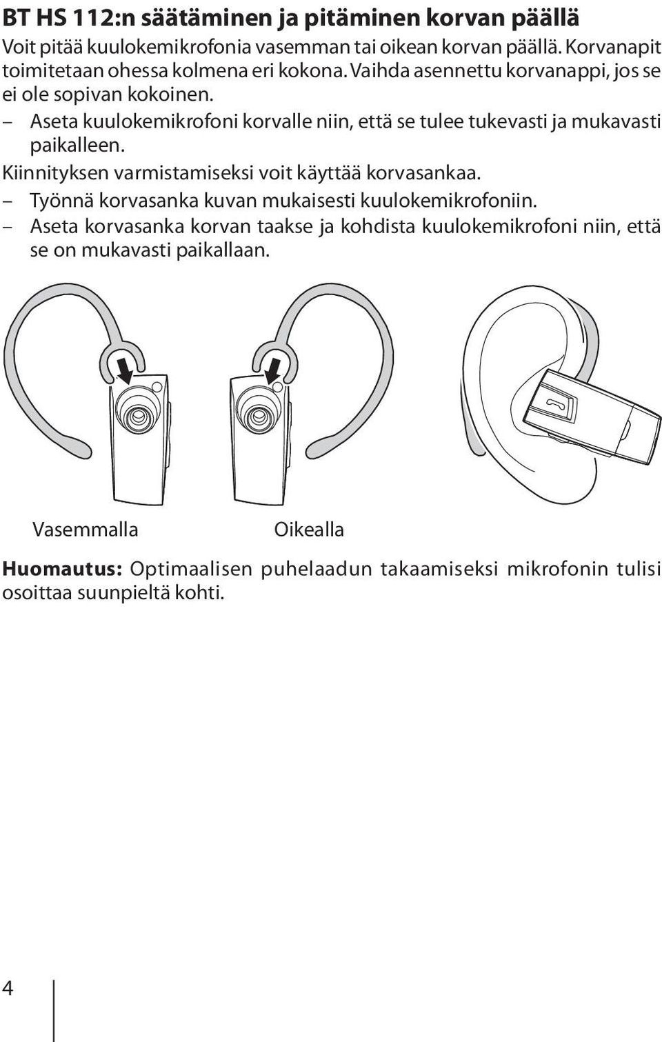 Aseta kuulokemikrofoni korvalle niin, että se tulee tukevasti ja mukavasti paikalleen. Kiinnityksen varmistamiseksi voit käyttää korvasankaa.