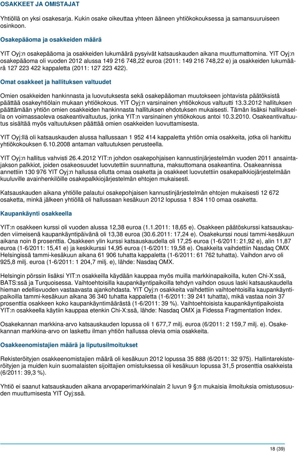 YIT Oyj:n osakepääoma oli vuoden 2012 alussa 149 216 748,22 euroa (2011: 149 216 748,22 e) ja osakkeiden lukumäärä 127 223 422 kappaletta (2011: 127 223 422).