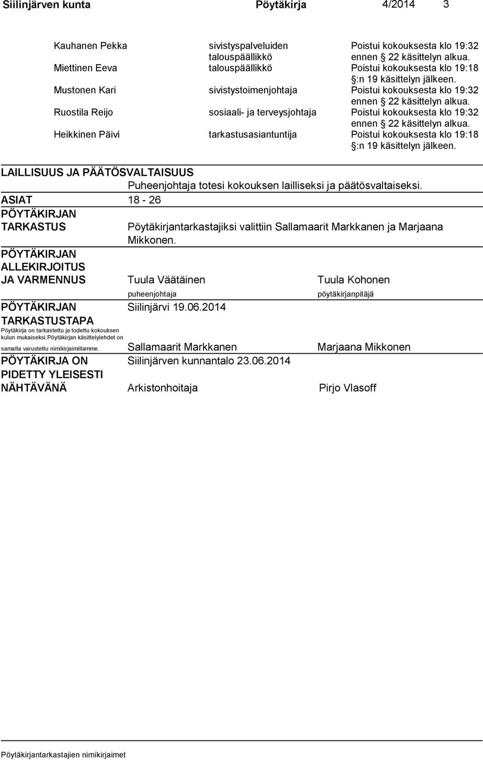 Ruostila Reijo sosiaali- ja terveysjohtaja Poistui kokouksesta klo 19:32 ennen 22 käsittelyn alkua. Heikkinen Päivi tarkastusasiantuntija Poistui kokouksesta klo 19:18 :n 19 käsittelyn jälkeen.