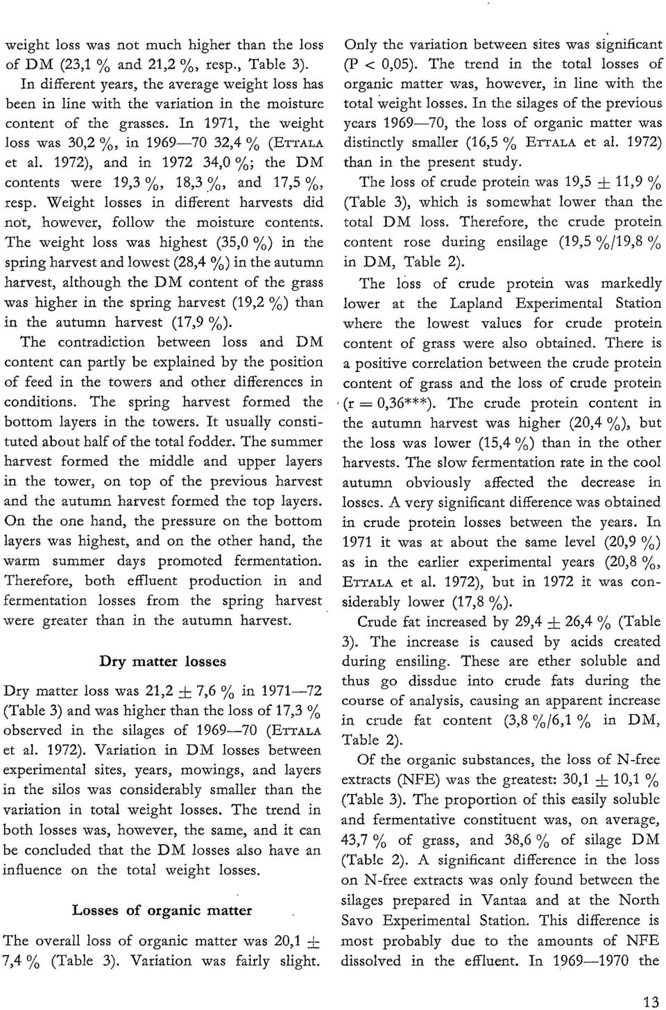 1972), and in 1972 34,0 %; the DM contents were 19,3 %, 18,3 %, and 17,5 %, resp. Weight losses in different harvests did not, however, follow the moisture contents.