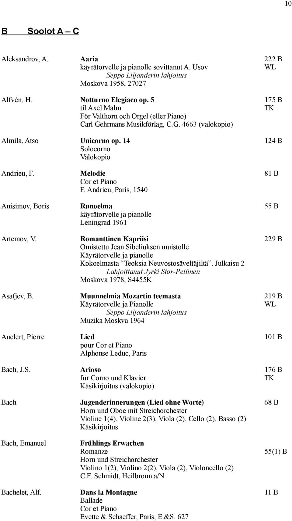 Melodie 81 B Cor et Piano F. Andrieu, Paris, 1540 Anisimov, Boris Runoelma 55 B käyrätorvelle ja pianolle Leningrad 1961 Artemov, V.