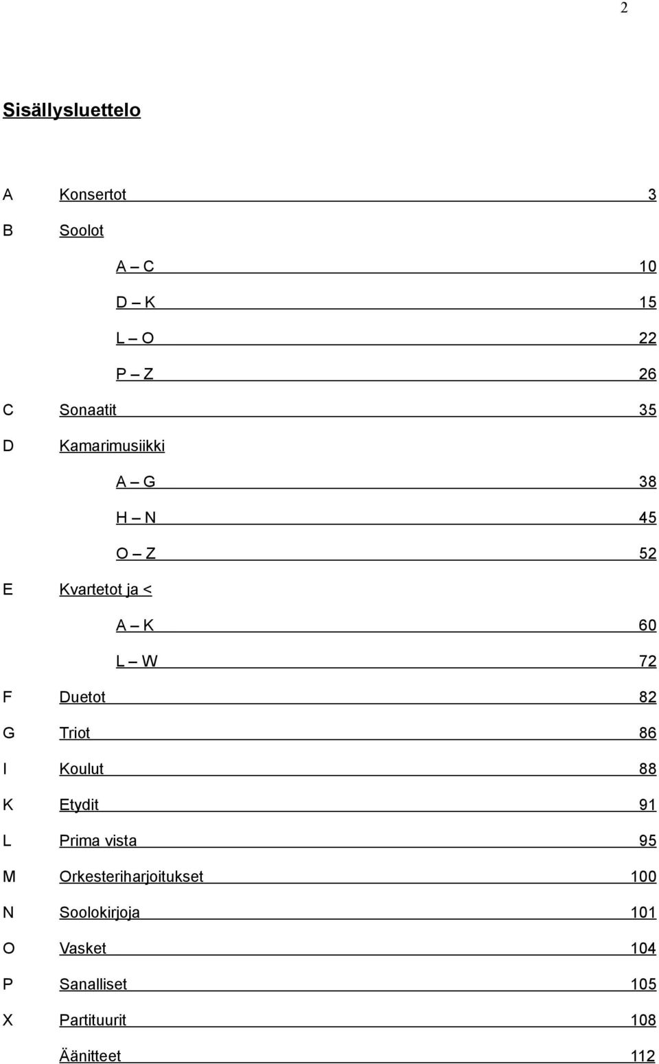 82 G Triot 86 I Koulut 88 K Etydit 91 L Prima vista 95 M Orkesteriharjoitukset