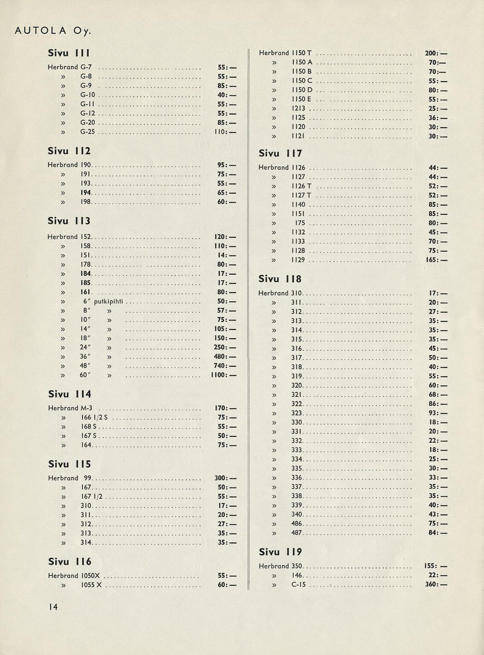 10" 14" 105: 18" 1 24" 2 36" 4 48" 7 60" NOO: Sivu 114 Herbrand M-3 170: 166 1/2 S 168 S 167 S 164 Sivu 115 Herbrand 99 300: 167 167 1/2 310 17: 311 312 27: 313 314 Sivu 116 Herbrand IOSOX 1055 X