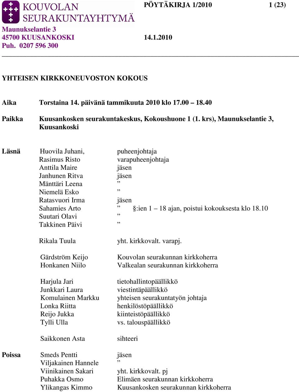 18 ajan, poistui kokouksesta klo 18.