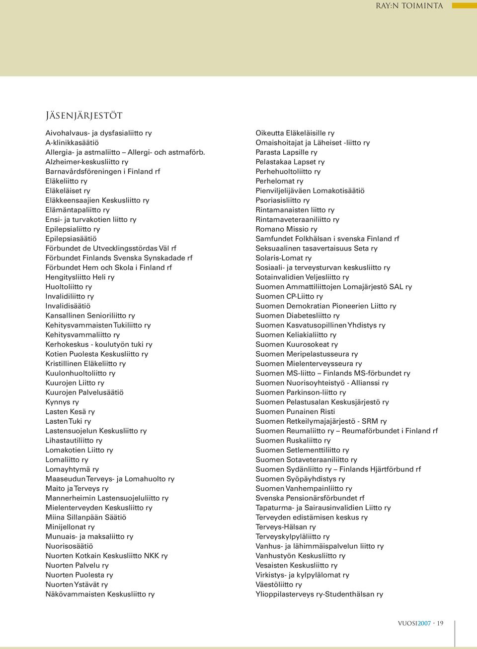 Epilepsiasäätiö Förbundet de Utvecklingsstördas Väl rf Förbundet Finlands Svenska Synskadade rf Förbundet Hem och Skola i Finland rf Hengitysliitto Heli ry Huoltoliitto ry Invalidiliitto ry