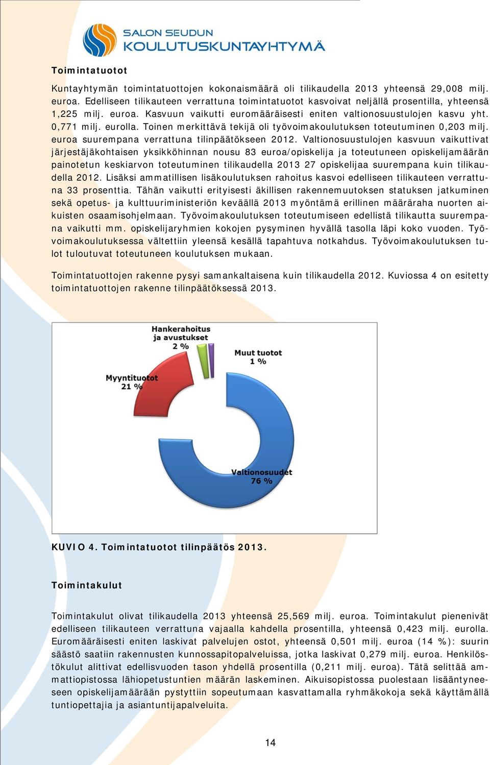 Toinen merkittävä tekijä oli työvoimakoulutuksen toteutuminen 0,203 milj. euroa suurempana verrattuna tilinpäätökseen 2012.