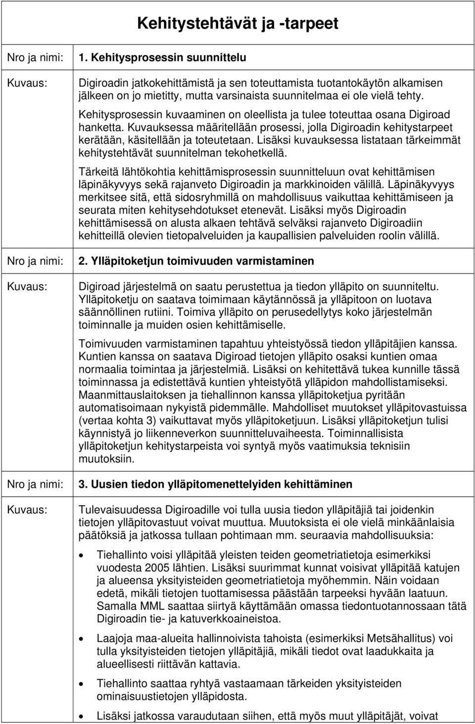 Kehitysprosessin kuvaaminen on oleellista ja tulee toteuttaa osana Digiroad hanketta. Kuvauksessa määritellään prosessi, jolla Digiroadin kehitystarpeet kerätään, käsitellään ja toteutetaan.