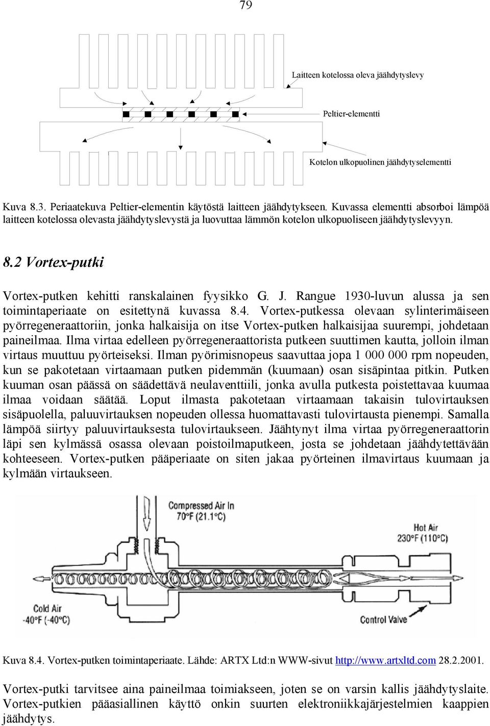 2 Vortex-putki Vortex-putken kehitti ranskalainen fyysikko G. J. Rangue 1930-luvun alussa ja sen toimintaperiaate on esitettynä kuvassa 8.4.