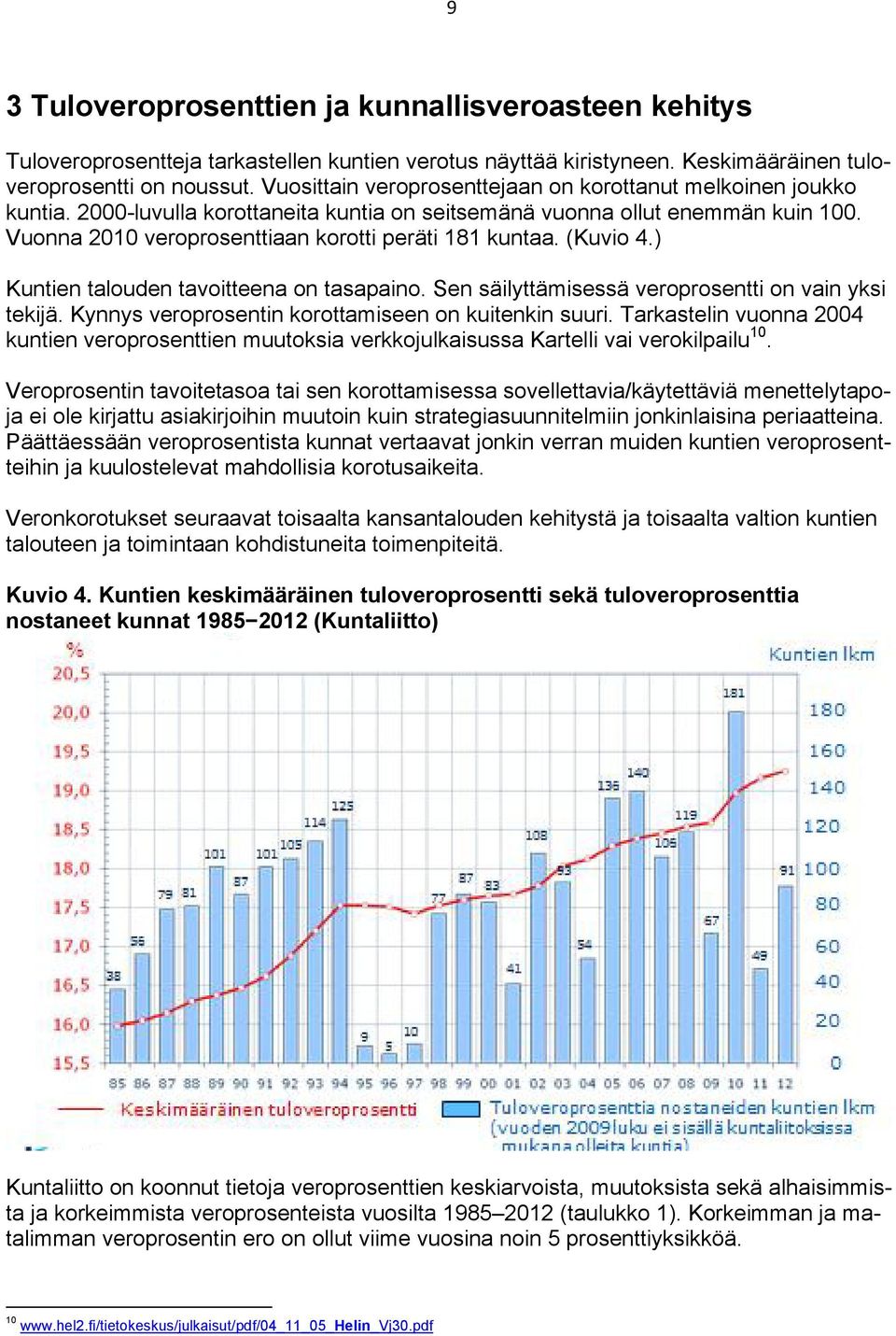 Vuonna 2010 veroprosenttiaan korotti peräti 181 kuntaa. (Kuvio 4.) Kuntien talouden tavoitteena on tasapaino. Sen säilyttämisessä veroprosentti on vain yksi tekijä.