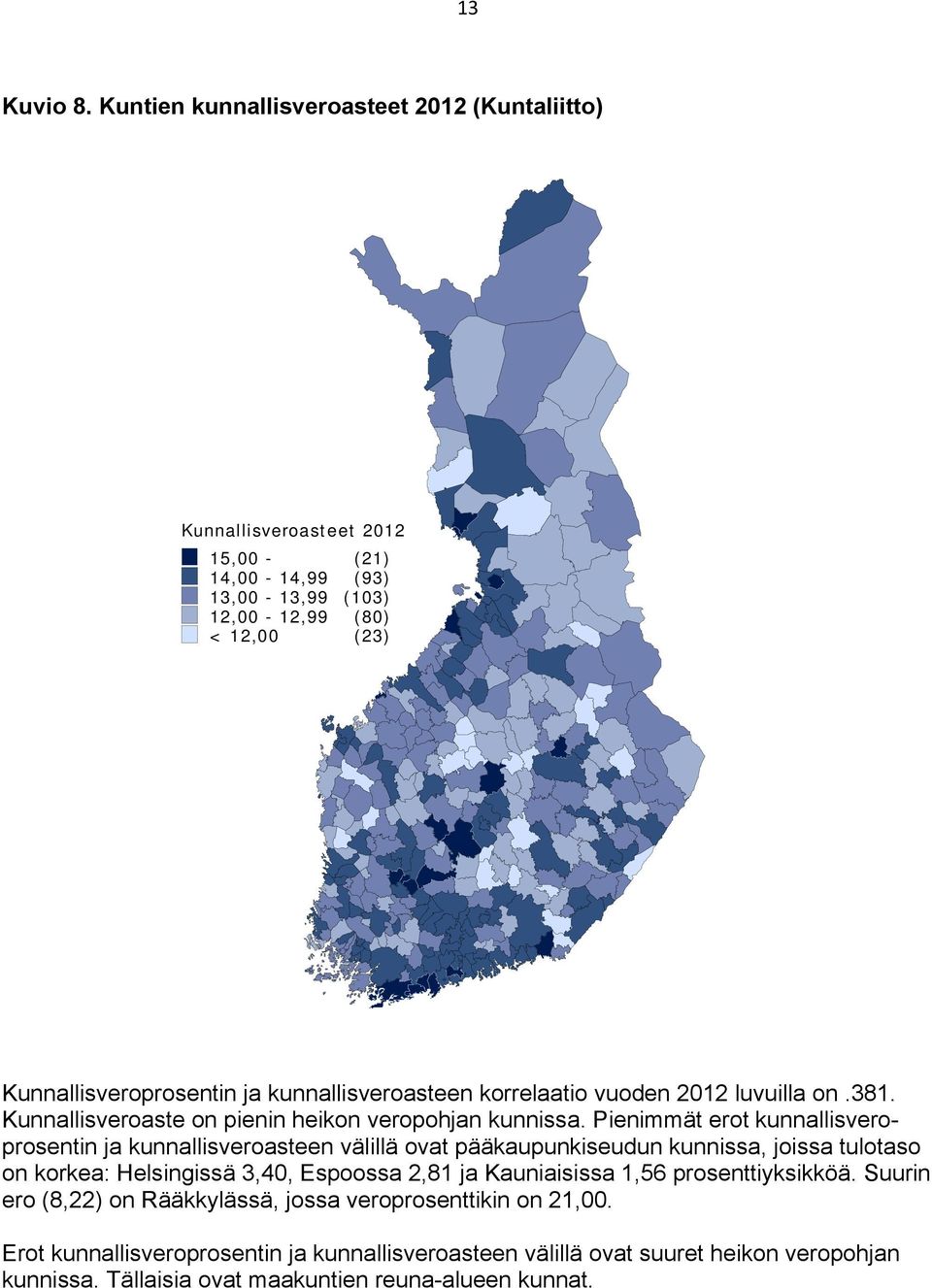 kunnallisveroasteen korrelaatio vuoden 2012 luvuilla on.381. Kunnallisveroaste on pienin heikon veropohjan kunnissa.