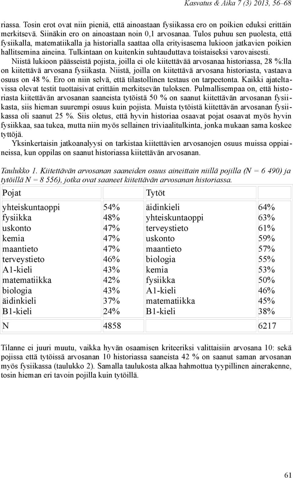 Tulkintaan on kuitenkin suhtauduttava toistaiseksi varovaisesti. Niistä lukioon päässeistä pojista, joilla ei ole kiitettävää arvosanaa historiassa, 28 %:lla on kiitettävä arvosana fysiikasta.