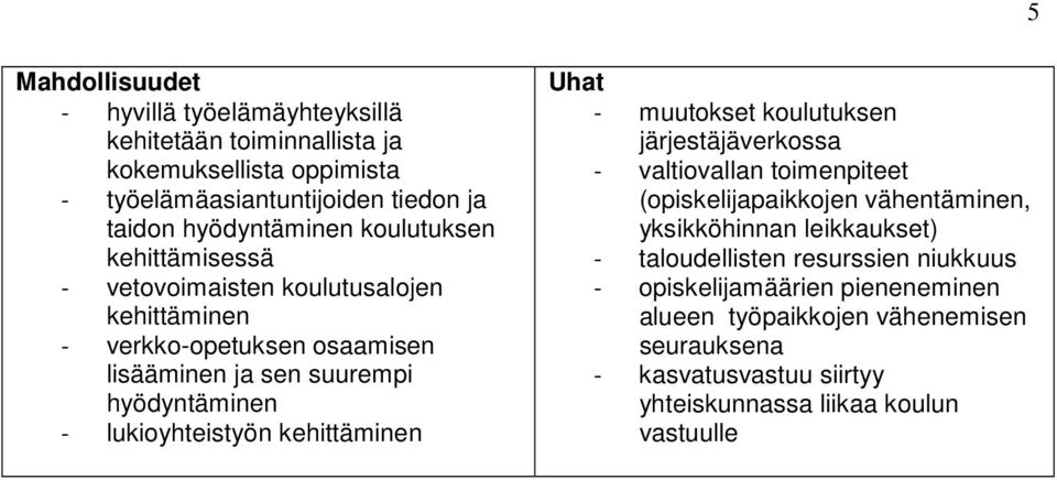 kehittäminen Uhat - muutokset koulutuksen järjestäjäverkossa - valtiovallan toimenpiteet (opiskelijapaikkojen vähentäminen, yksikköhinnan leikkaukset) -