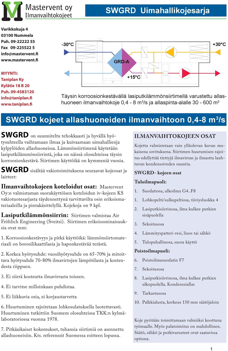 fi +15 C Täysin korroosionkestävällä lasiputkilämmönsiirtimellä varustettu allashuoneen ilmanvaihtokoje 0,4-8 m 3 /s ja allaspinta-alalle 30-600 m 2 SWGRD kojeet allashuoneiden ilmanvaihtoon 0,4-8 m