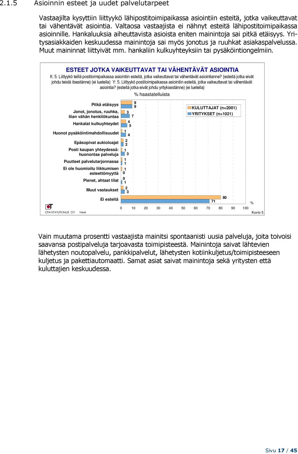 Yritysasiakkaiden keskuudessa mainintoja sai myös jonotus ja ruuhkat asiakaspalvelussa. Muut maininnat liittyivät mm. hankaliin kulkuyhteyksiin tai pysäköintiongelmiin.