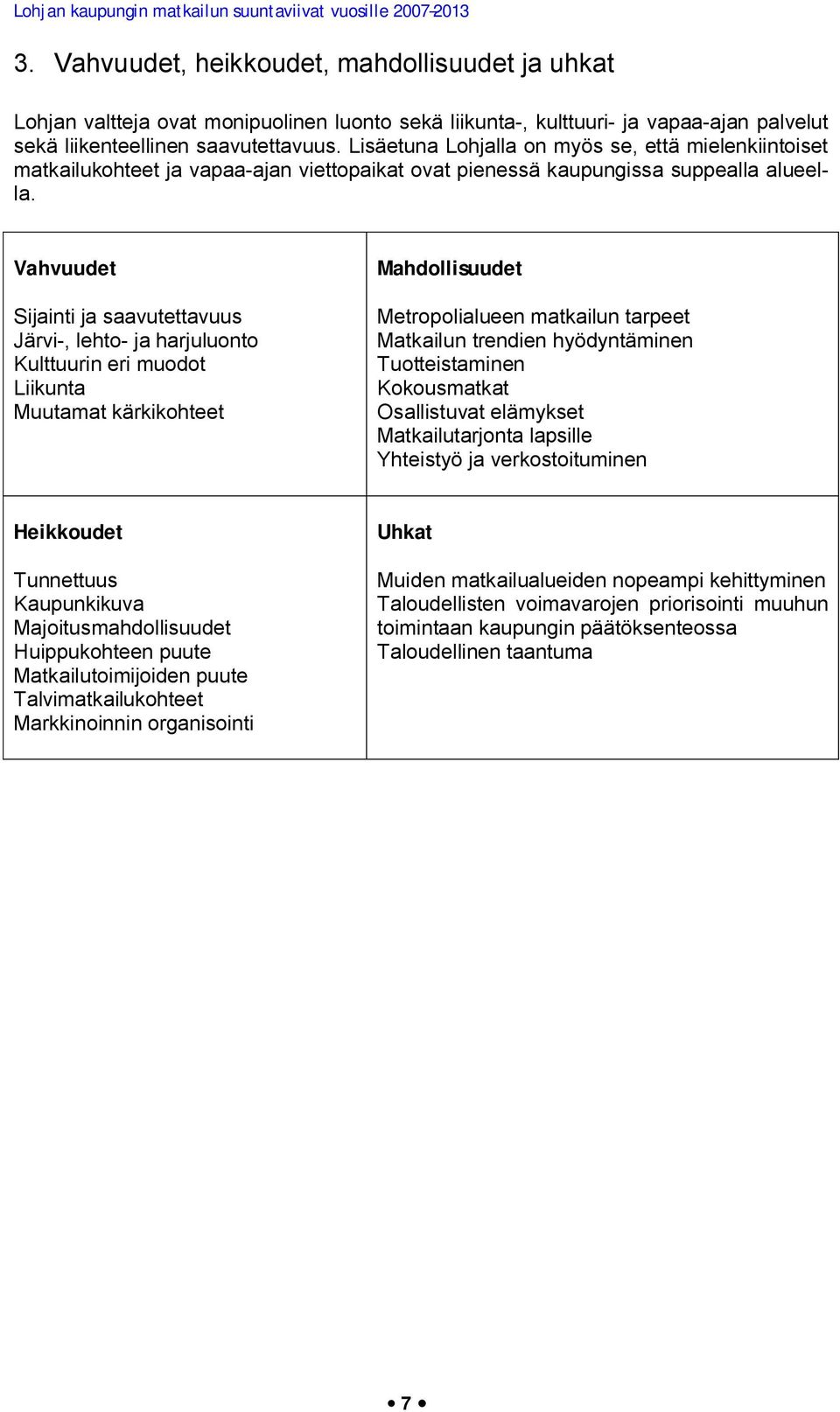 Vahvuudet Sijainti ja saavutettavuus Järvi-, lehto- ja harjuluonto Kulttuurin eri muodot Liikunta Muutamat kärkikohteet Mahdollisuudet Metropolialueen matkailun tarpeet Matkailun trendien