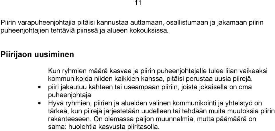 piiri jakautuu kahteen tai useampaan piiriin, joista jokaisella on oma puheenjohtaja Hyvä ryhmien, piirien ja alueiden välinen kommunikointi ja yhteistyö on