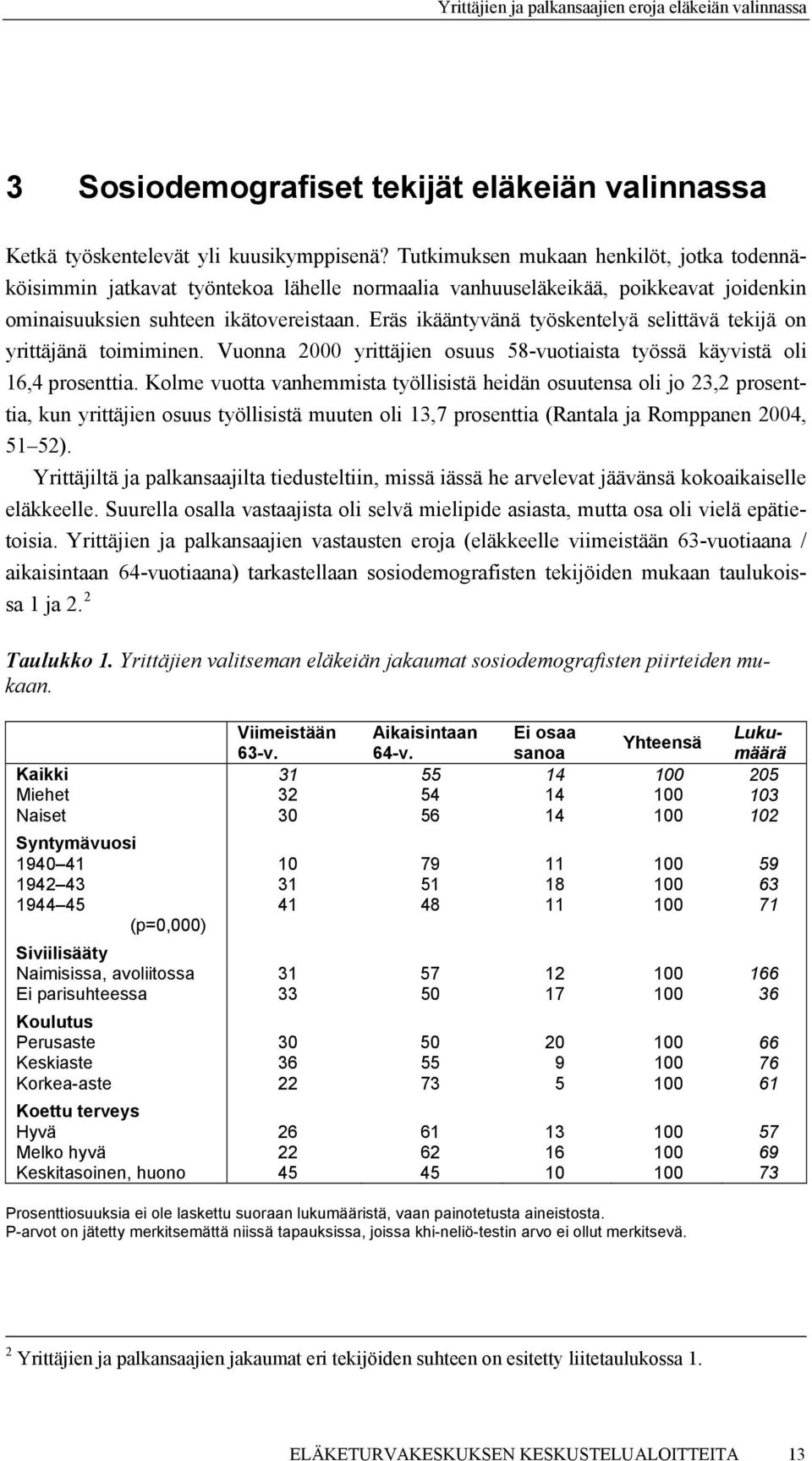 Eräs ikääntyvänä työskentelyä selittävä tekijä on yrittäjänä toimiminen. Vuonna 2000 yrittäjien osuus 58-vuotiaista työssä käyvistä oli 16,4 prosenttia.