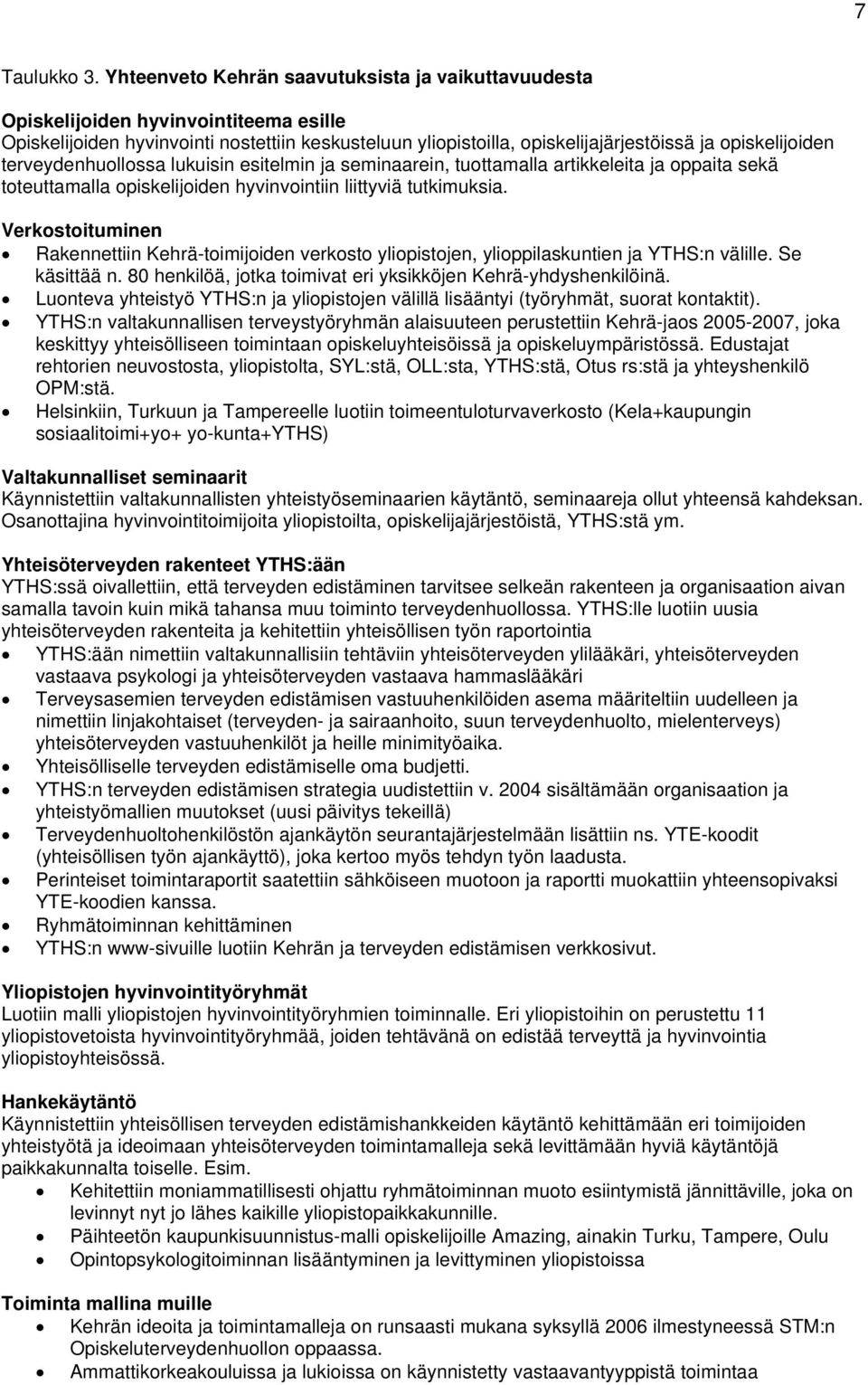 terveydenhuollossa lukuisin esitelmin ja seminaarein, tuottamalla artikkeleita ja oppaita sekä toteuttamalla opiskelijoiden hyvinvointiin liittyviä tutkimuksia.