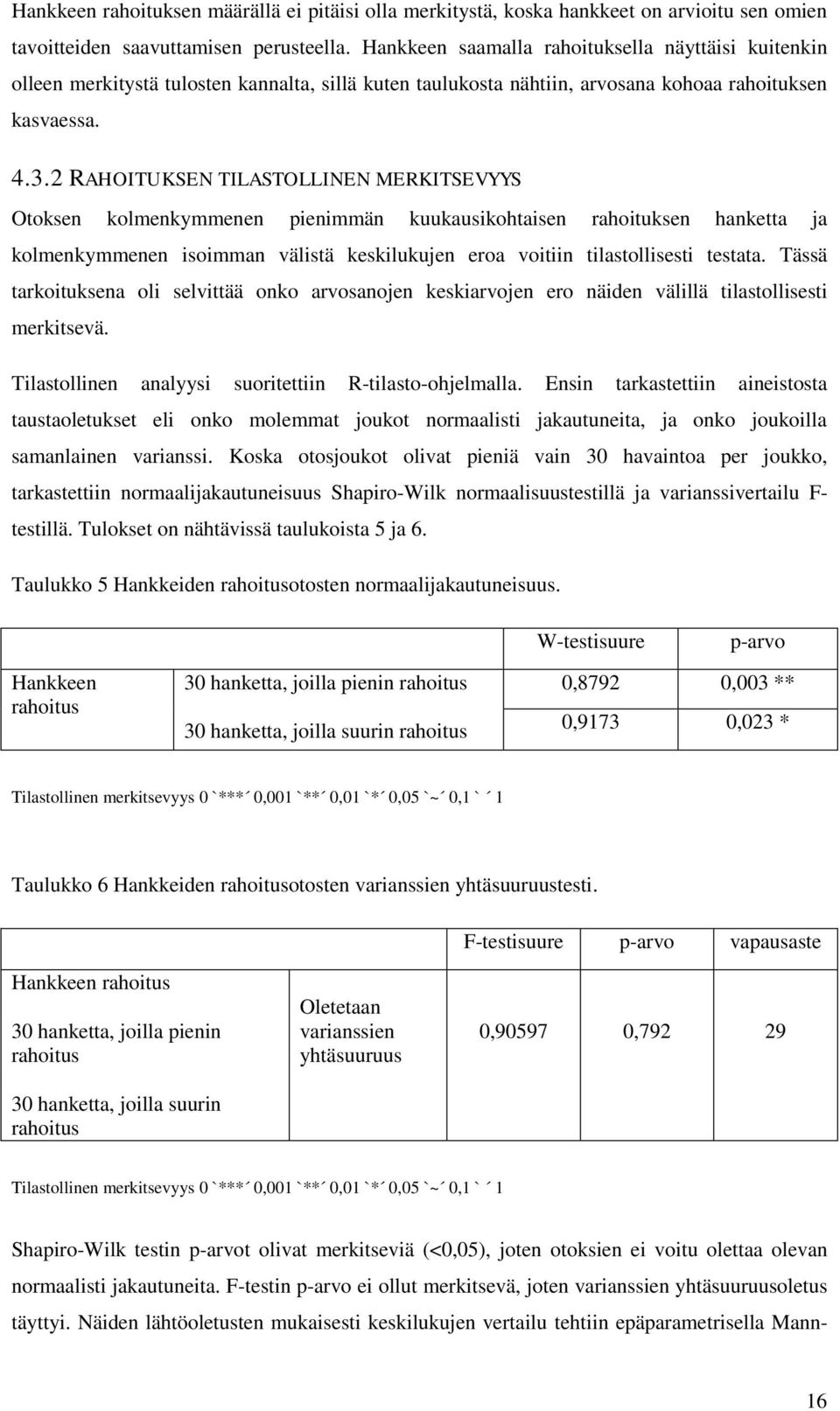 2 RAHOITUKSEN TILASTOLLINEN MERKITSEVYYS Otoksen kolmenkymmenen pienimmän kuukausikohtaisen rahoituksen hanketta ja kolmenkymmenen isoimman välistä keskilukujen eroa voitiin tilastollisesti testata.