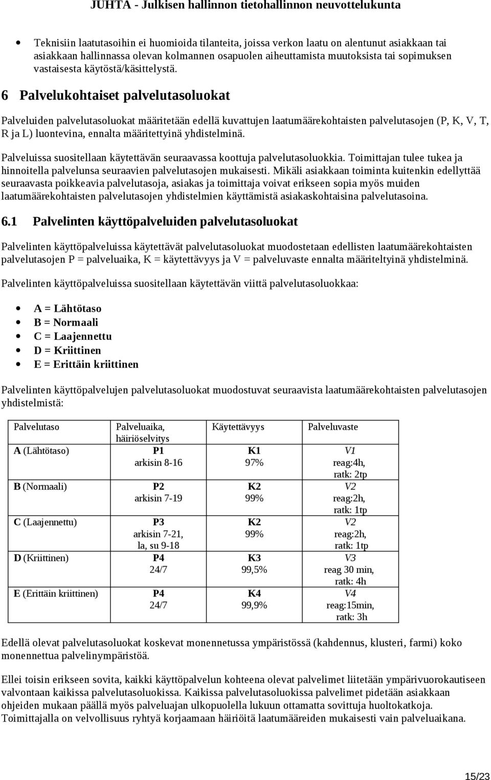 6 Palvelukohtaiset palvelutasoluokat Palveluiden palvelutasoluokat määritetään edellä kuvattujen laatumäärekohtaisten palvelutasojen (P, K, V, T, R ja L) luontevina, ennalta määritettyinä