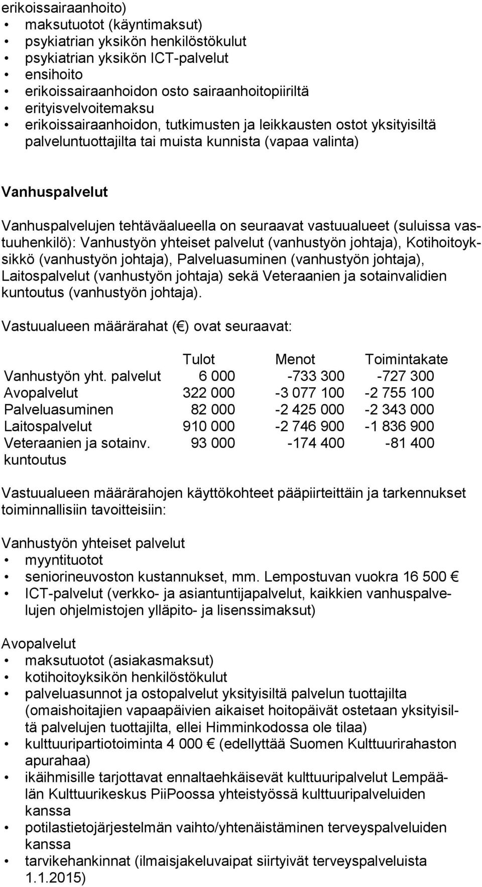 vastuualueet (suluissa vastuu hen ki lö): Vanhustyön yhteiset palvelut (vanhustyön johtaja), Ko ti hoi to yksik kö (vanhustyön johtaja), Palveluasuminen (vanhustyön joh ta ja), Laitospalvelut