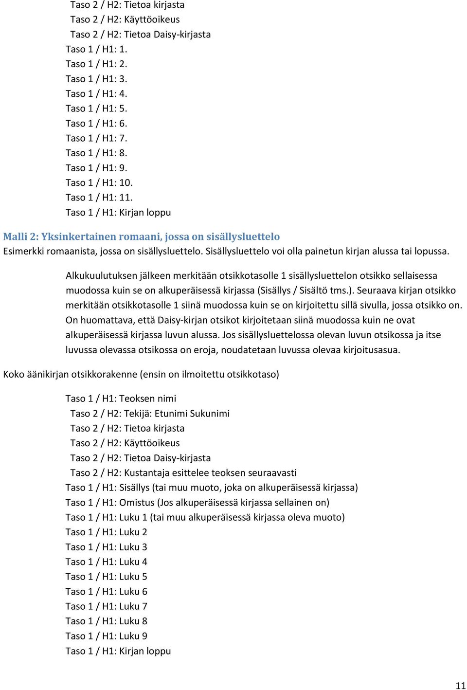 Taso 1 / H1: Kirjan loppu Malli 2: Yksinkertainen romaani, jossa on sisällysluettelo Esimerkki romaanista, jossa on sisällysluettelo. Sisällysluettelo voi olla painetun kirjan alussa tai lopussa.