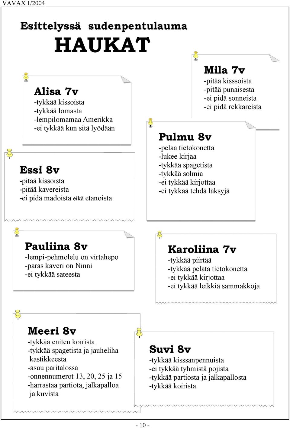 pidä rekkareista Pauliina 8v -lempi-pehmolelu on virtahepo -paras kaveri on Ninni -ei tykkää sateesta Karoliina 7v -tykkää piirtää -tykkää pelata tietokonetta -ei tykkää kirjottaa -ei tykkää leikkiä