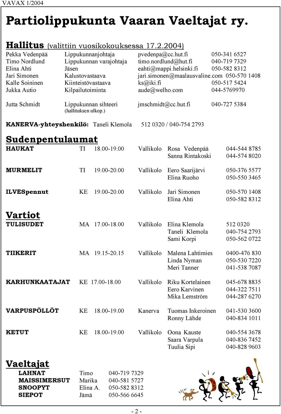 fi 050-517 5424 Jukka Autio Kilpailutoiminta aude@welho.com 044-5769970 Jutta Schmidt Lippukunnan sihteeri jmschmidt@cc.hut.fi 040-727 5384 (hallituksen ulkop.