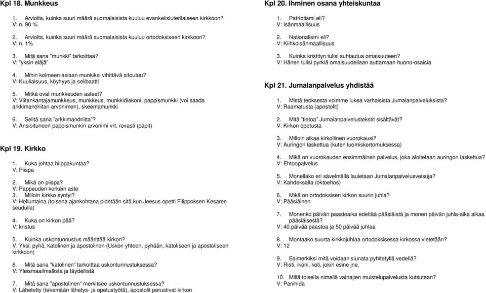 V: Viitankantajamunkkeus, munkkeus, munkkidiakoni, pappismunkki (voi saada arkkimandriitan arvonimen), skeemamunkki 6. Selitä sana arkkimandriitta? V: Ansioituneen pappismunkin arvonimi vrt.