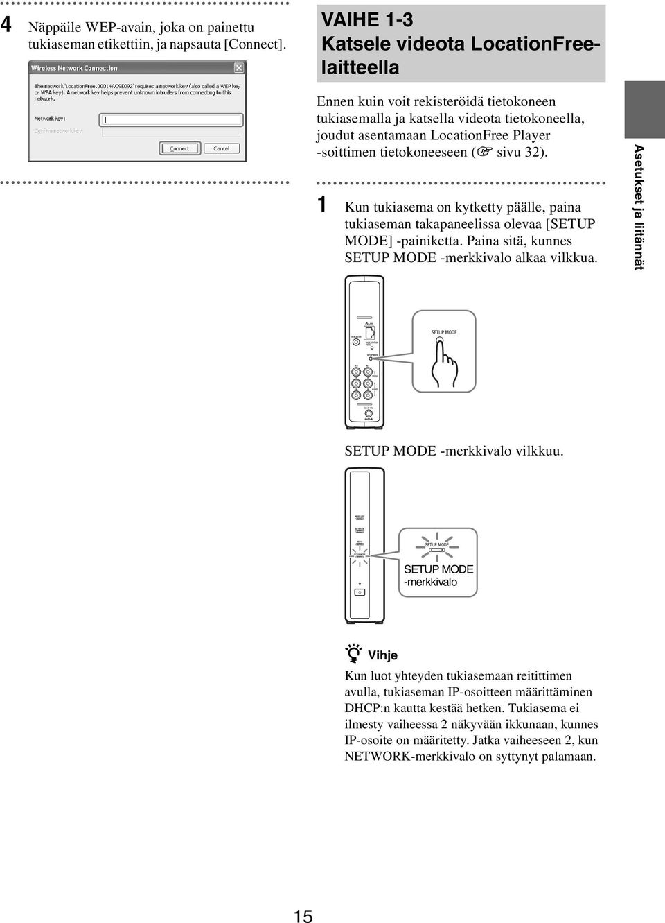 tietokoneeseen (1 sivu 32). 1 Kun tukiasema on kytketty päälle, paina tukiaseman takapaneelissa olevaa [SETUP MODE] -painiketta. Paina sitä, kunnes SETUP MODE -merkkivalo alkaa vilkkua.