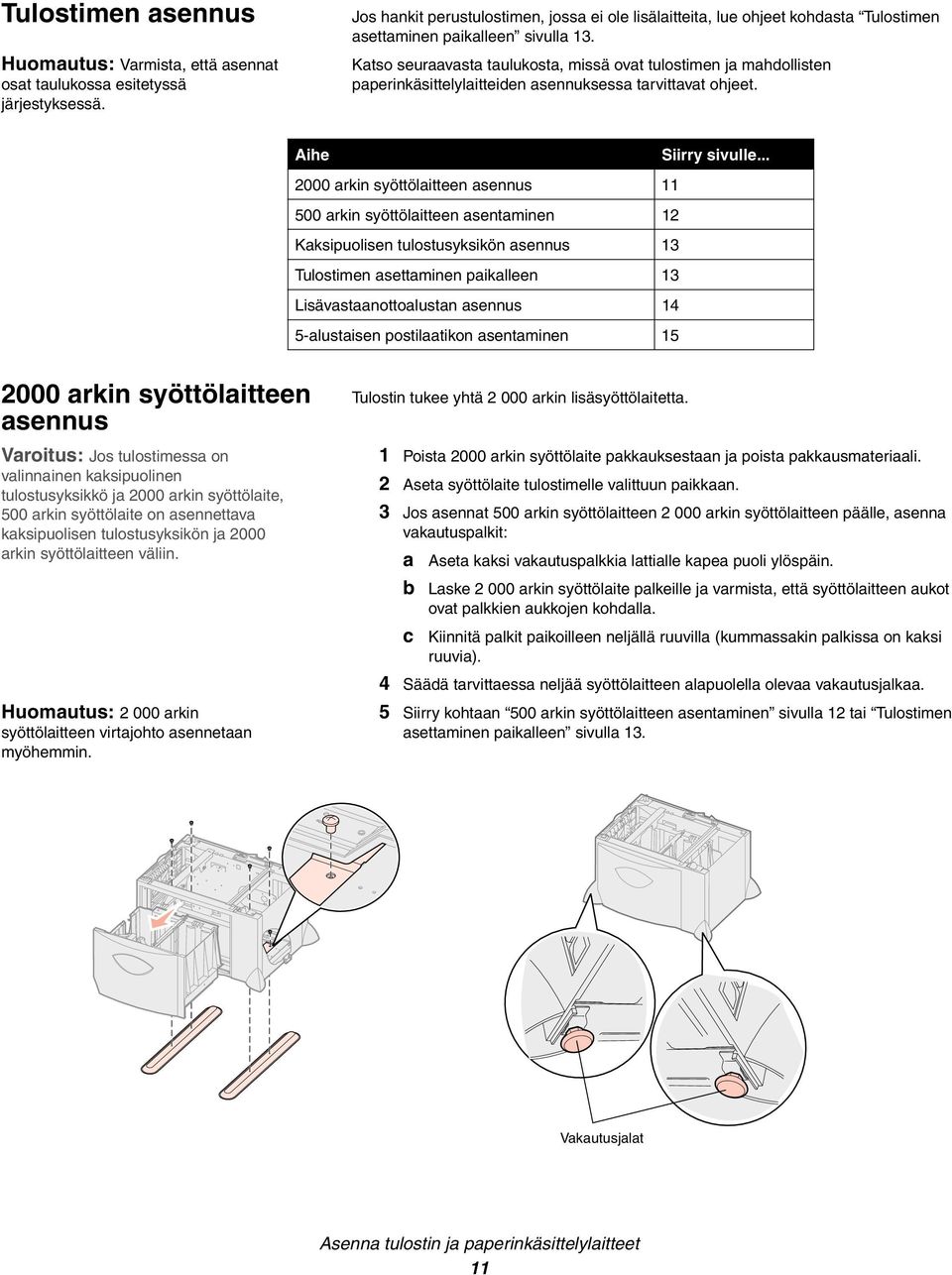 Katso seuraavasta taulukosta, missä ovat tulostimen ja mahdollisten paperinkäsittelylaitteiden asennuksessa tarvittavat ohjeet. Aihe Siirry sivulle.