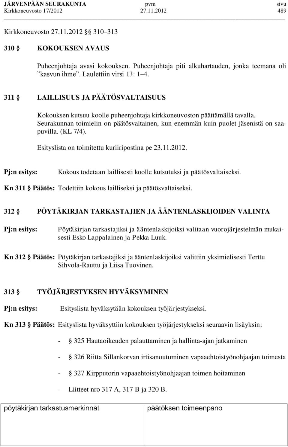 Seurakunnan toimielin on päätösvaltainen, kun enemmän kuin puolet jäsenistä on saapuvilla. (KL 7/4). Esityslista on toimitettu kuriiripostina pe 23.11.2012.