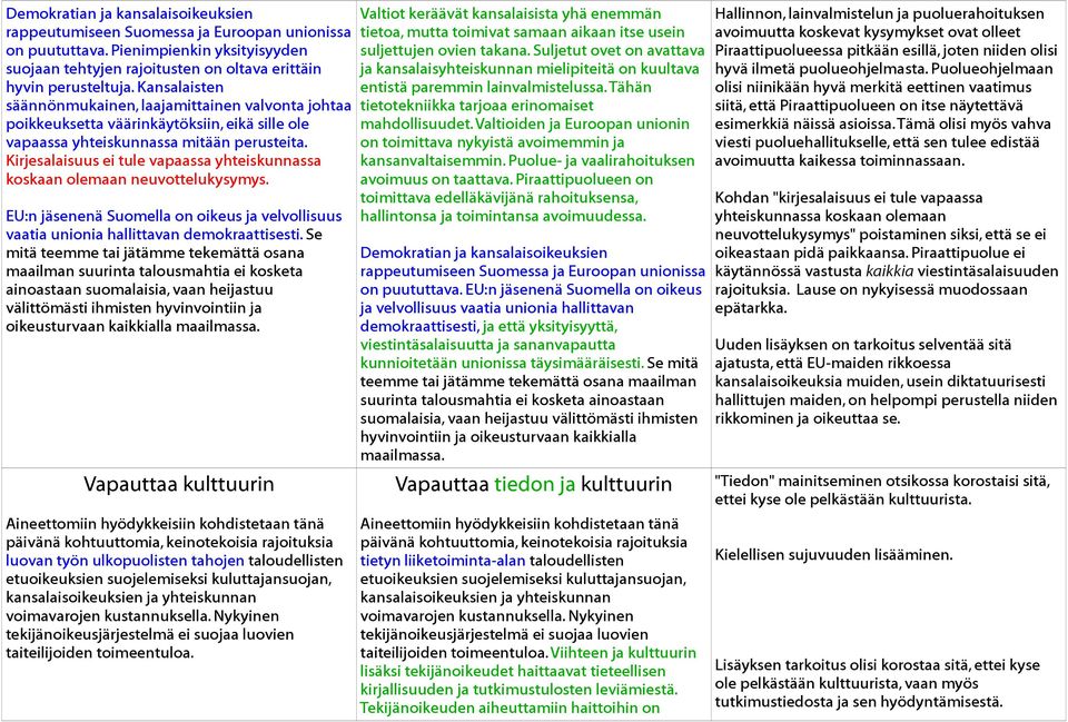 Kirjesalaisuus ei tule vapaassa yhteiskunnassa koskaan olemaan neuvottelukysymys. EU:n jäsenenä Suomella on oikeus ja velvollisuus vaatia unionia hallittavan demokraattisesti.