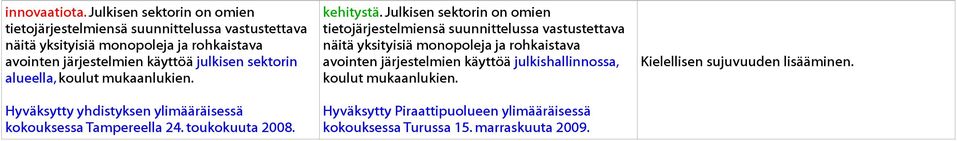 käyttöä julkisen sektorin alueella, koulut mukaanlukien. Hyväksytty yhdistyksen ylimääräisessä kokouksessa Tampereella 24. toukokuuta 2008.
