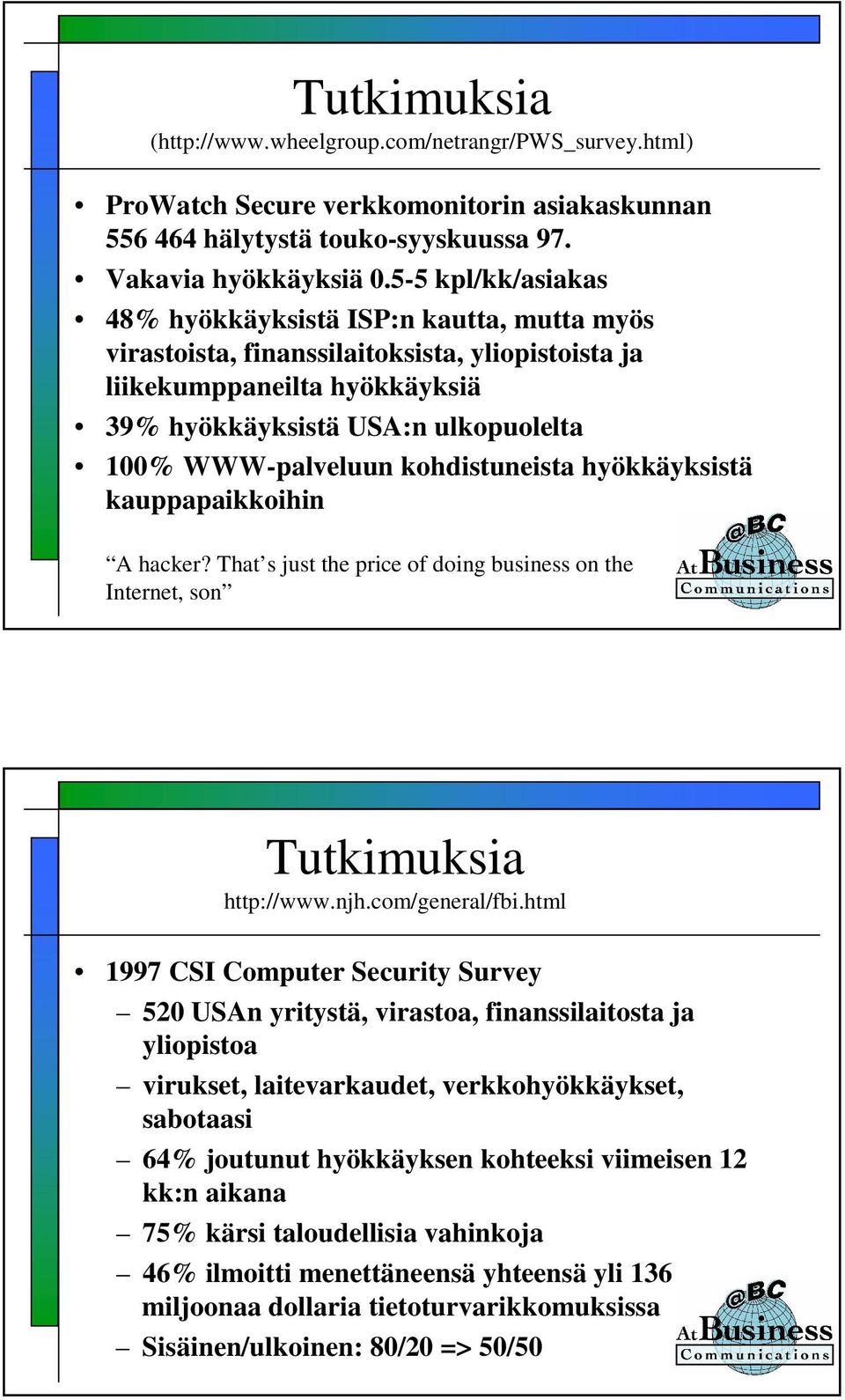 kohdistuneista hyökkäyksistä kauppapaikkoihin A hacker? That s just the price of doing business on the Internet, son Tutkimuksia http://www.njh.com/general/fbi.