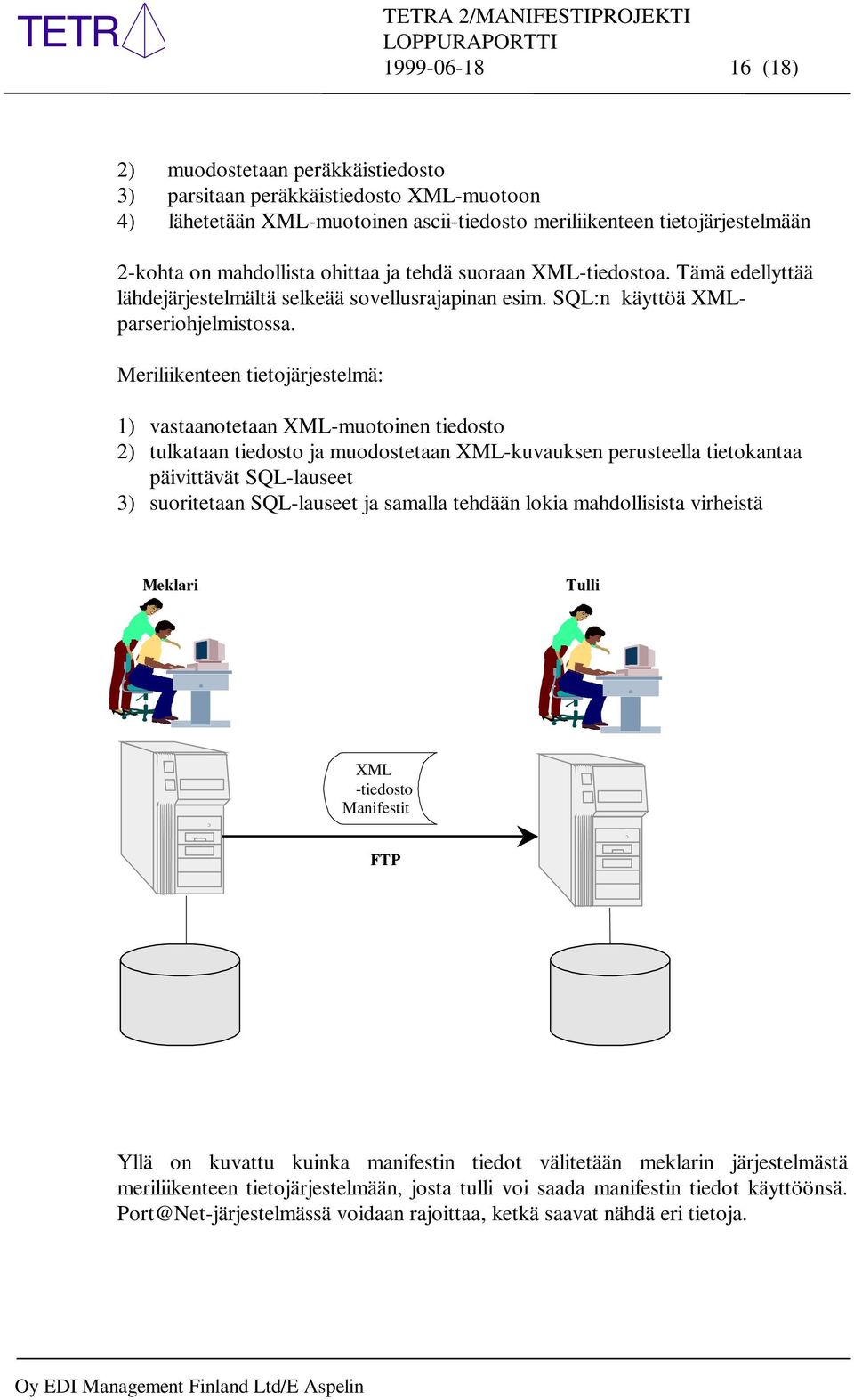 Meriliikenteen tietojärjestelmä: 1) vastaanotetaan XML-muotoinen tiedosto 2) tulkataan tiedosto ja muodostetaan XML-kuvauksen perusteella tietokantaa päivittävät SQL-lauseet 3) suoritetaan