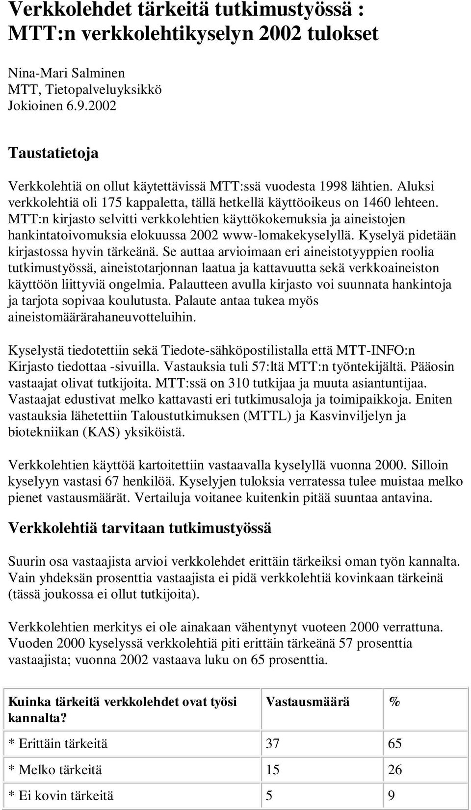 MTT:n kirjasto selvitti verkkolehtien käyttökokemuksia ja aineistojen hankintatoivomuksia elokuussa 2002 www-lomakekyselyllä. Kyselyä pidetään kirjastossa hyvin tärkeänä.