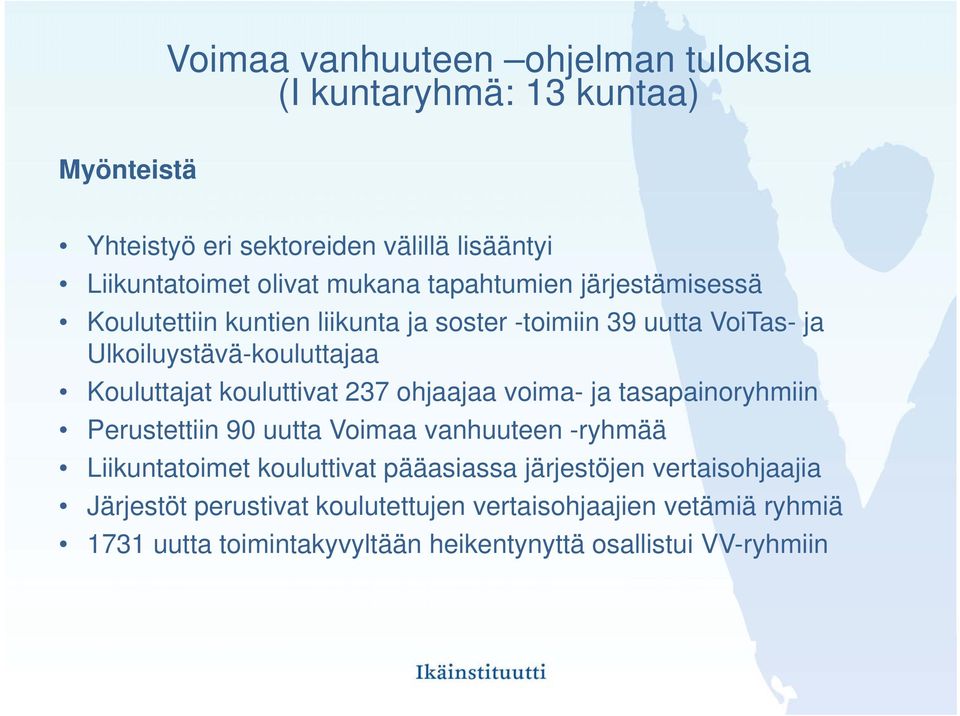 kouluttivat 237 ohjaajaa voima- ja tasapainoryhmiin Perustettiin 90 uutta Voimaa vanhuuteen -ryhmää Liikuntatoimet kouluttivat pääasiassa