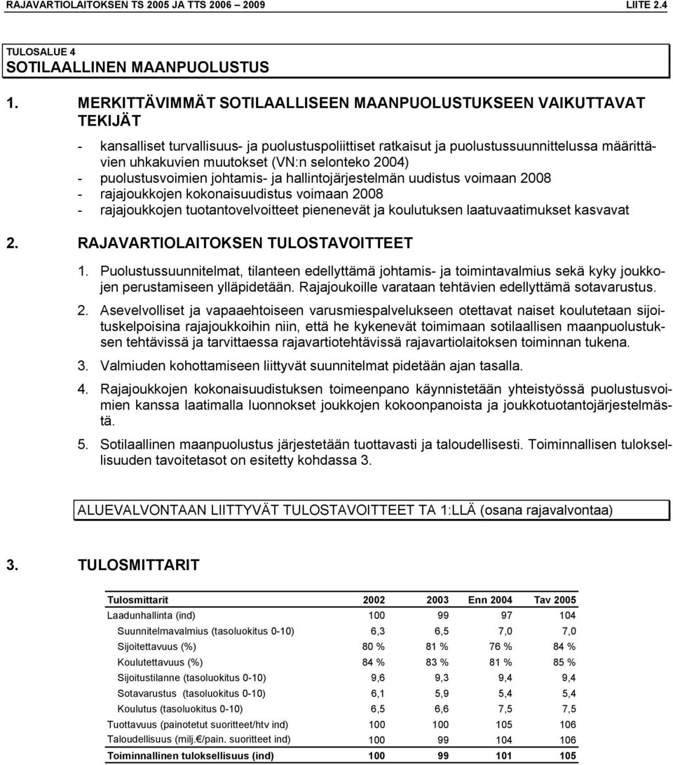 selonteko 2004) - puolustusvoimien johtamis- ja hallintojärjestelmän uudistus voimaan 2008 - rajajoukkojen kokonaisuudistus voimaan 2008 - rajajoukkojen tuotantovelvoitteet pienenevät ja koulutuksen