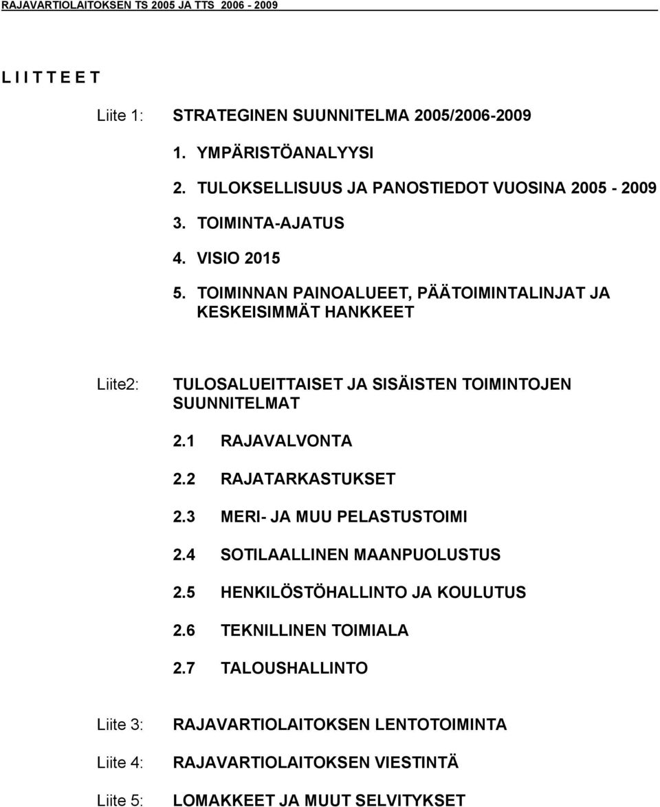 TOIMINNAN PAINOALUEET, PÄÄTOIMINTALINJAT JA KESKEISIMMÄT HANKKEET Liite2: TULOSALUEITTAISET JA SISÄISTEN TOIMINTOJEN SUUNNITELMAT 2.1 RAJAVALVONTA 2.