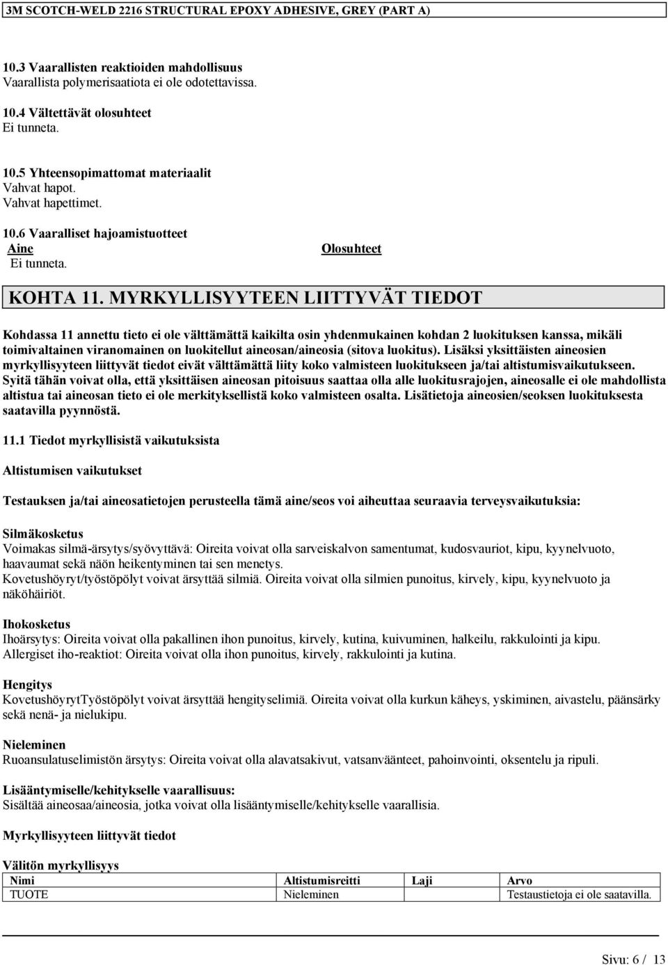 MYRKYLLISYYTEEN LIITTYVÄT TIEDOT Kohdassa 11 annettu tieto ei ole välttämättä kaikilta osin yhdenmukainen kohdan 2 luokituksen kanssa, mikäli toimivaltainen viranomainen on luokitellut