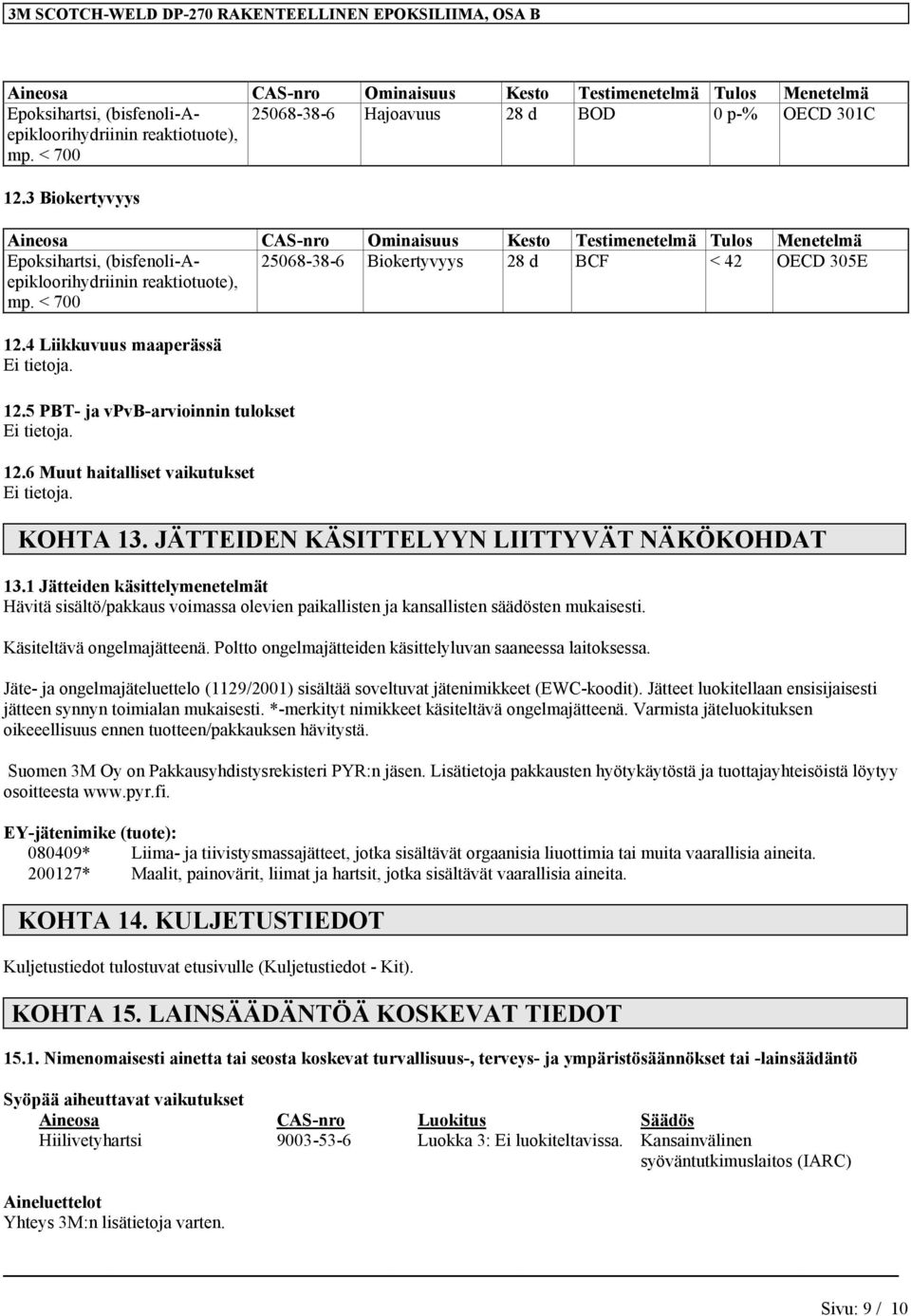 < 700 25068-38-6 Biokertyvyys 28 d BCF < 42 OECD 305E 12.4 Liikkuvuus maaperässä 12.5 PBT- ja vpvb-arvioinnin tulokset 12.6 Muut haitalliset vaikutukset KOHTA 13.