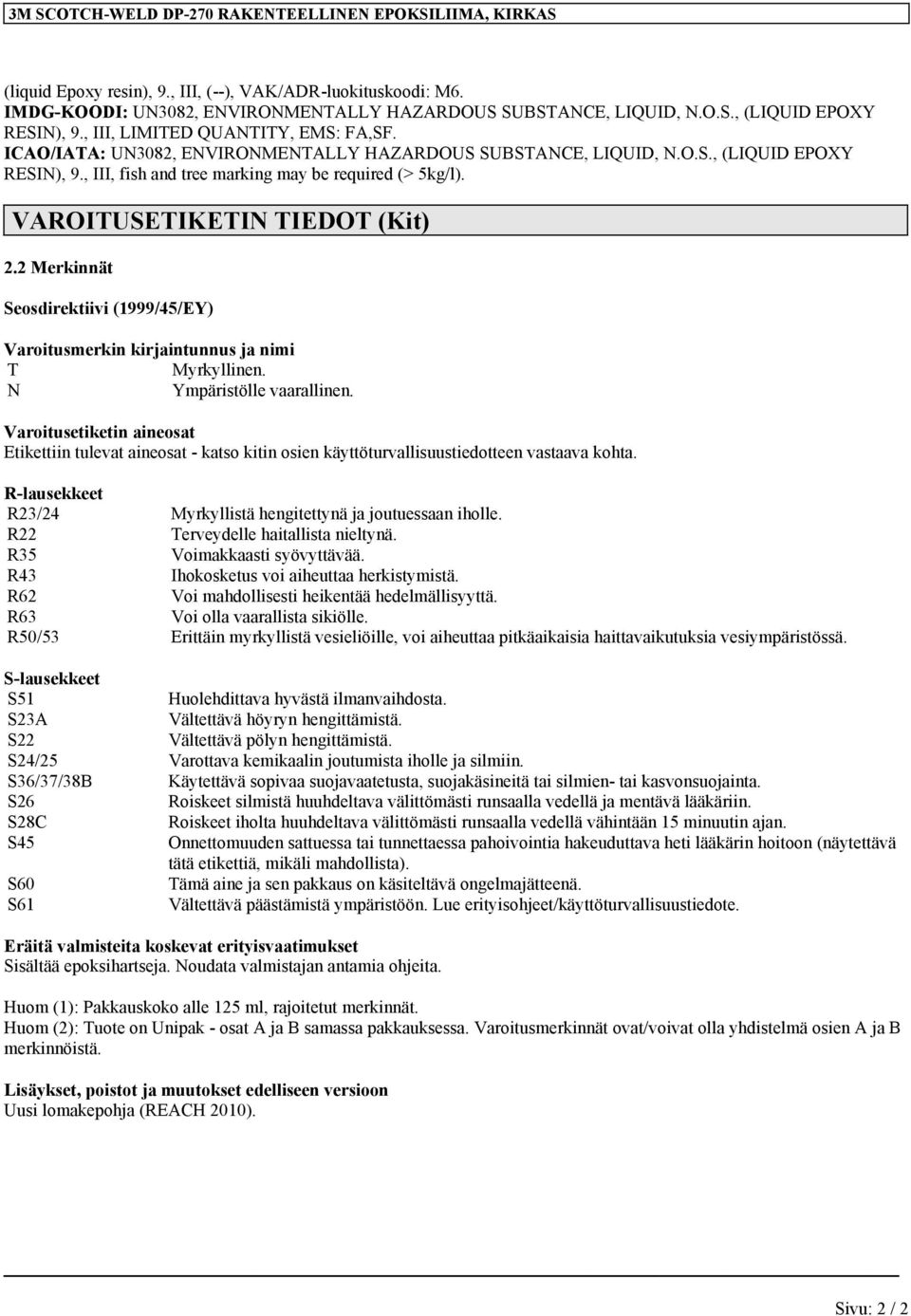 VAROITUSETIKETIN TIEDOT (Kit) 2.2 Merkinnät Seosdirektiivi (1999/45/EY) Varoitusmerkin kirjaintunnus ja nimi T Myrkyllinen. N Ympäristölle vaarallinen.